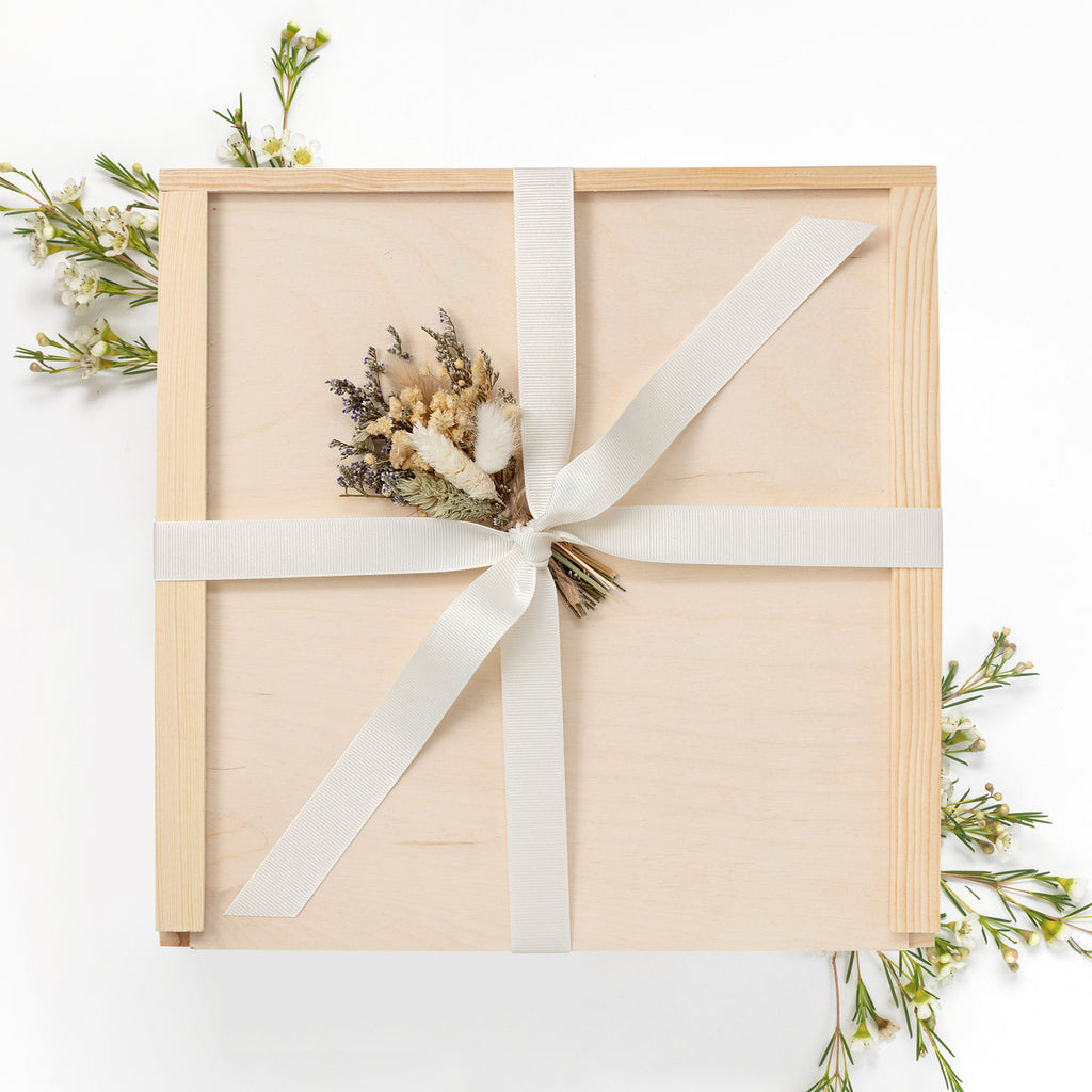 Wood Gift Box with Flower Bundle
