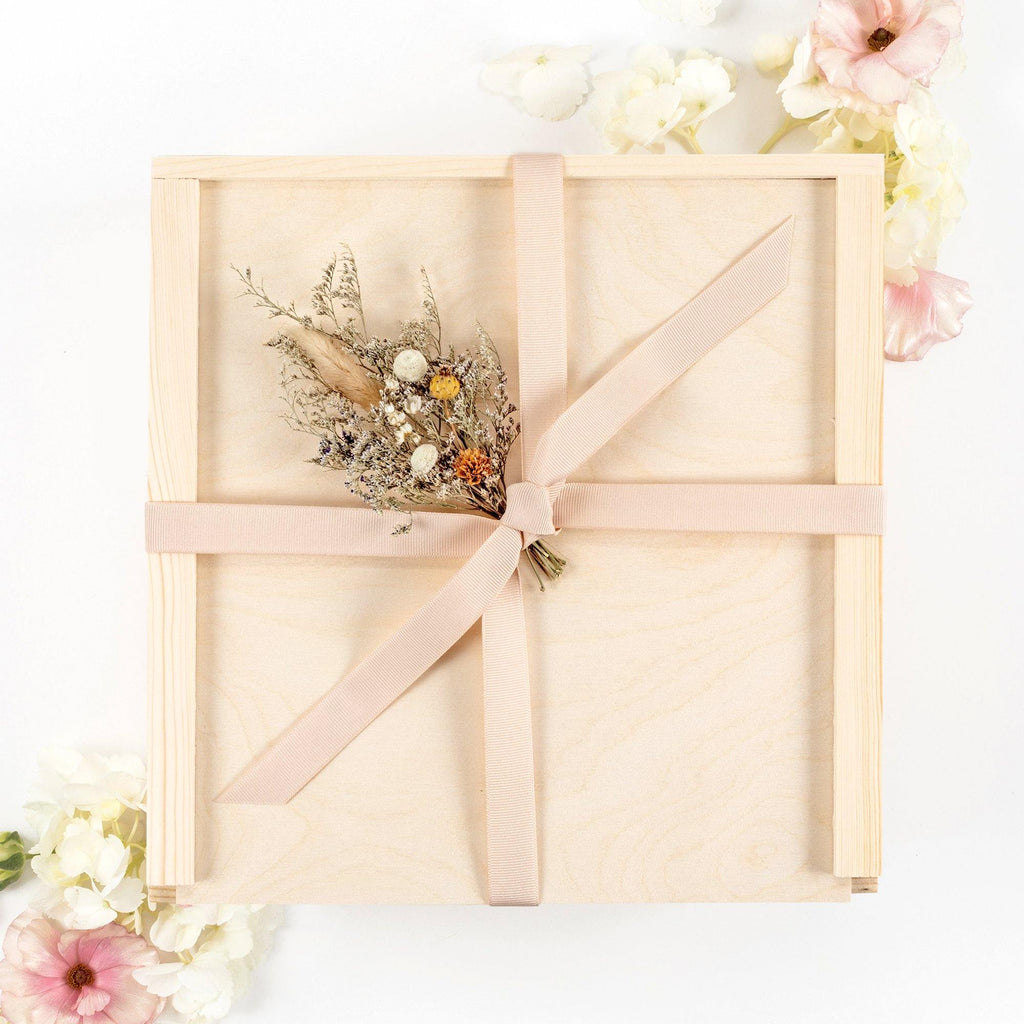 Wood Gift Box Floral Blush Ribbon