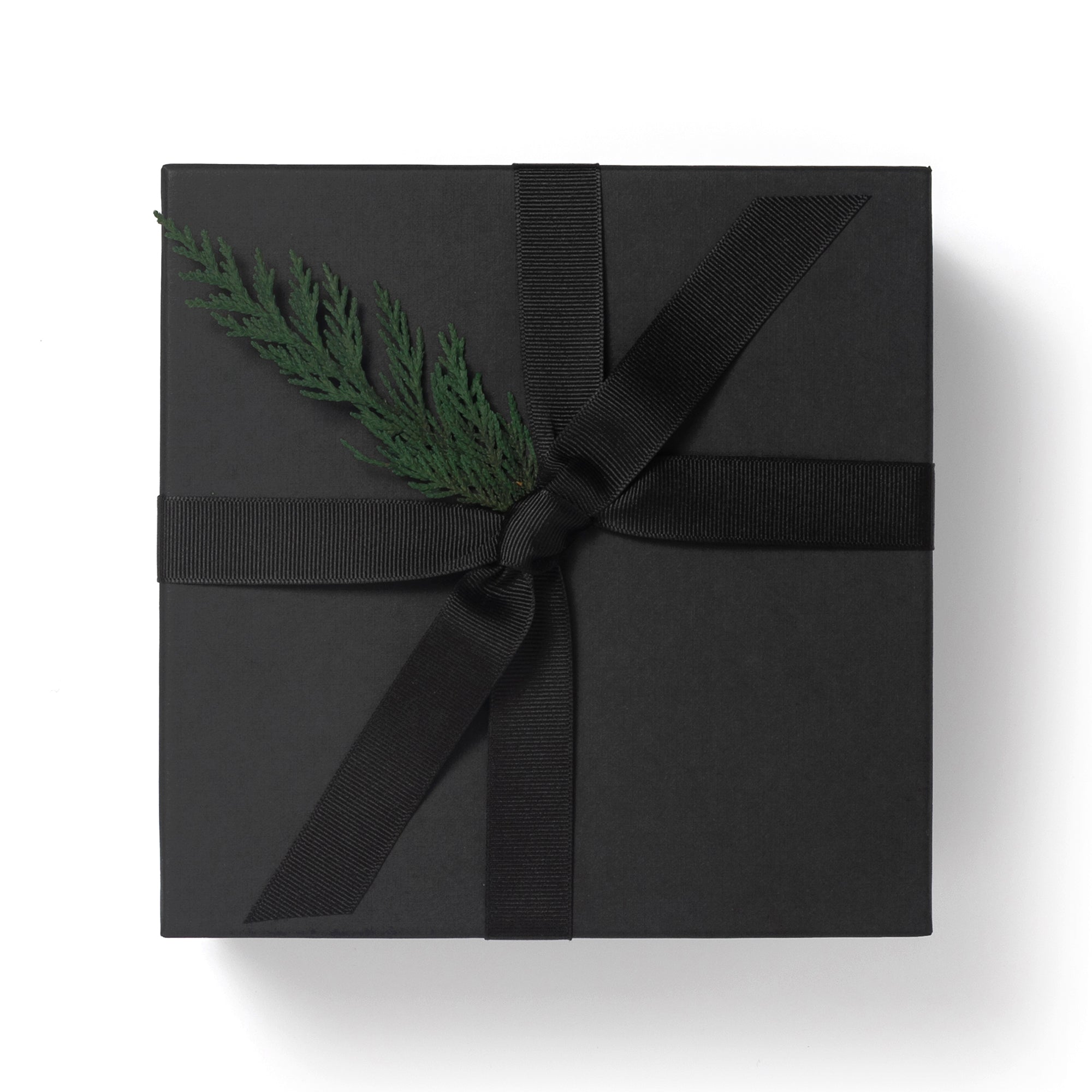 Black Gift Box with Ribbon and Cedar