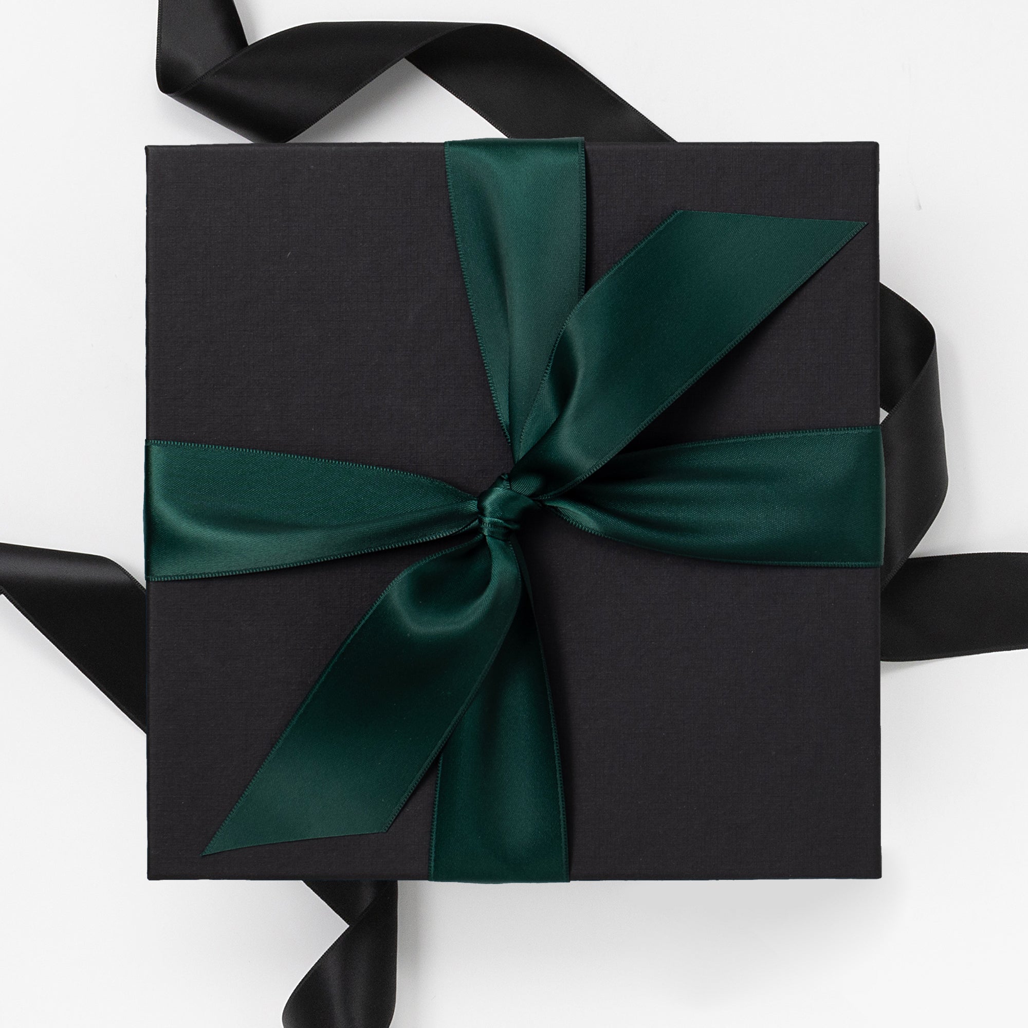 Black Gift Box with Green Satin Ribbon
