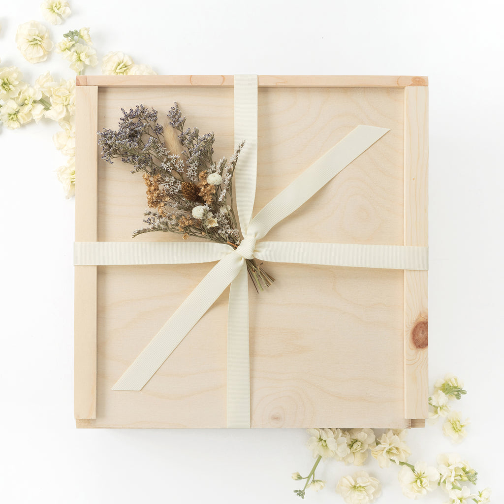 Wood Gift Box with Ribbon and Dried Flowers